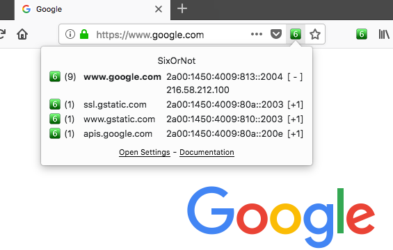 Screenshot of the SixOrNot panel showing results for a visit to the Google homepage using only IPv6